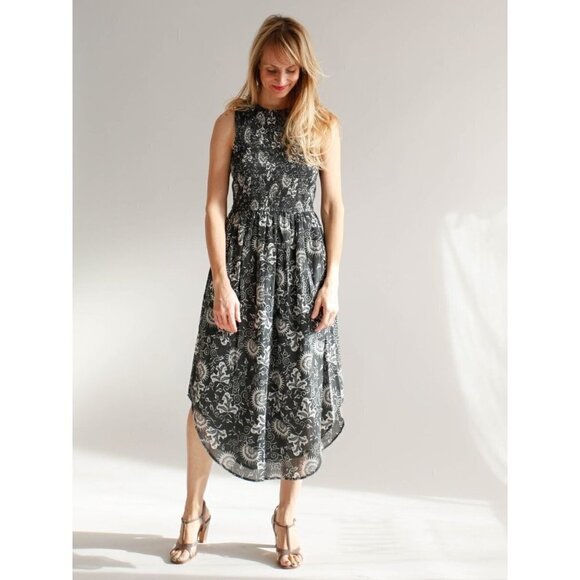 Ulla Johnson Gili Gray & White Floral Smocked Midi Dress 4 - Picture 1 of 9